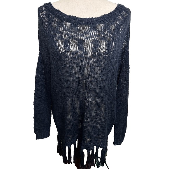 RD Style Sweaters - Open Knit Slub Fringe Sweater Womens Medium Navy Blue Boho Western